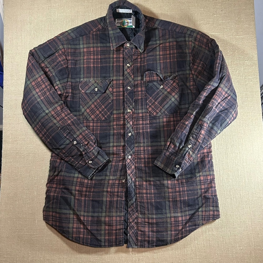 Northwest Territory Quilted Flannel Shirt Jacket XL Brown Green Plaid Vintage